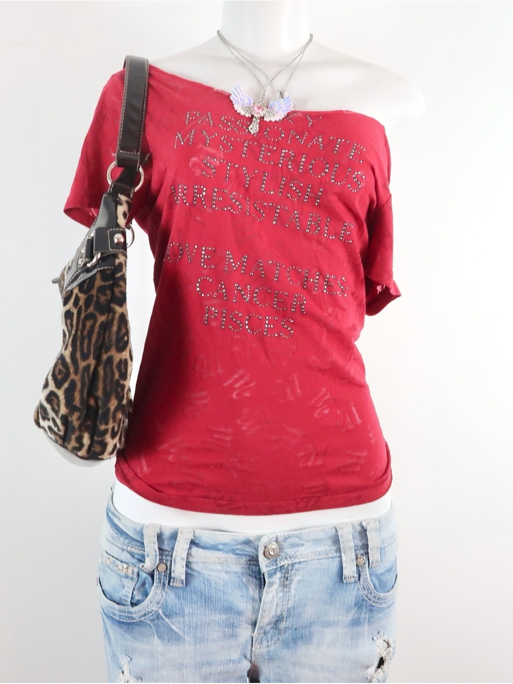 Red Off-Shoulder Studded Graphic Top